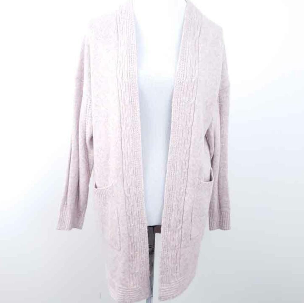 Dreamers Open Cardigan Pink Wool Blend Medium Sweater Cardi, Cableknit Detail
